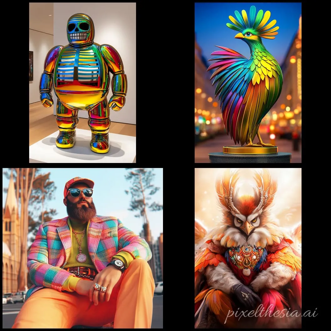 Thumbnails of four AI-generated images in a 2x2 grid on black. A shiny, multicolored statue of a puffy cartoon man; a fanciful, colorful bird; a cool guy with sunglasses and a bushy beard, in a pink patchwork cap and felt jacket, with orange pants; a fantasy bird king who is wearing some clothes and sitting as if he were human.