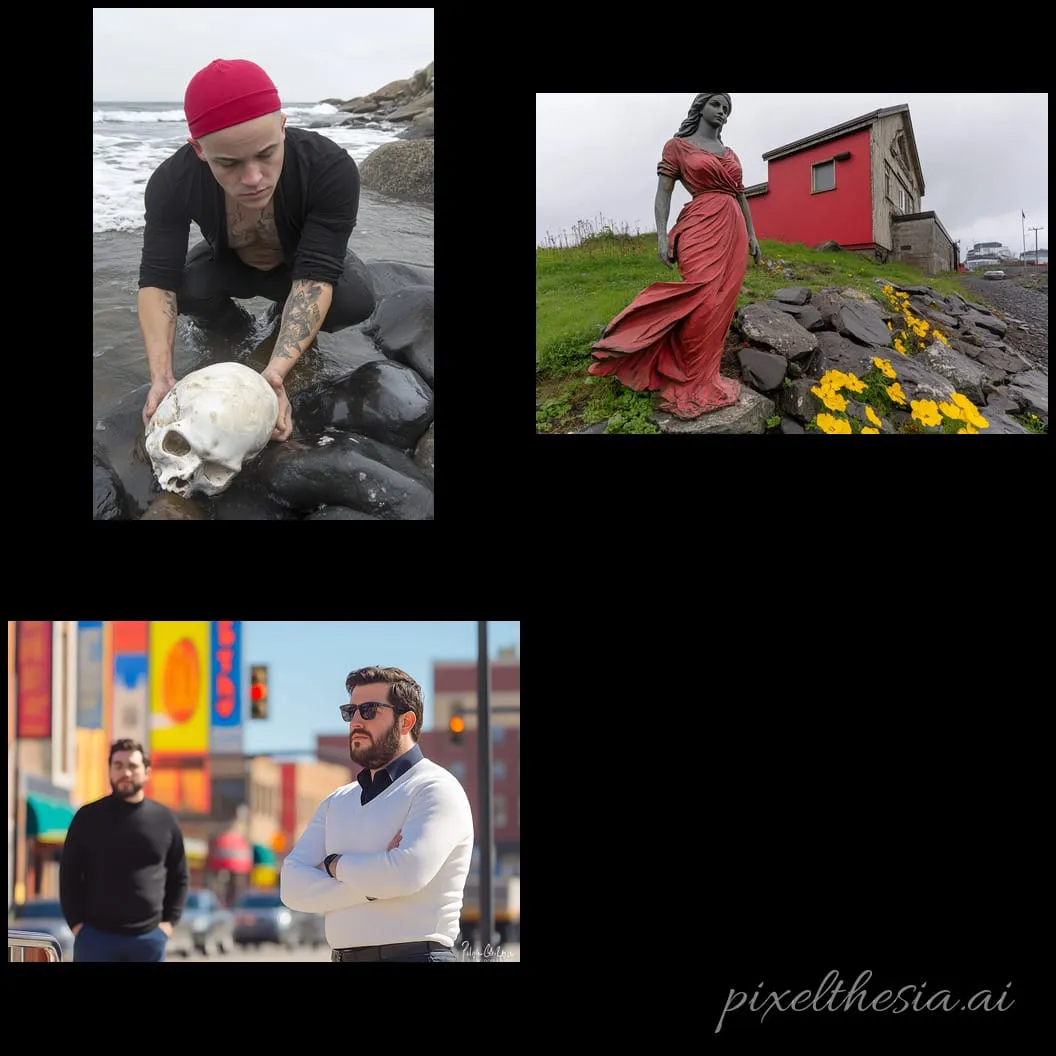 Thumbnails of three photographic images in a 2x2 grid on black. A man at the seaside picking up a white human skull, a statue of a woman in what looks like a rural area near the coast, she's wearing a red dress, and a street photo of two non-descript bearded men.