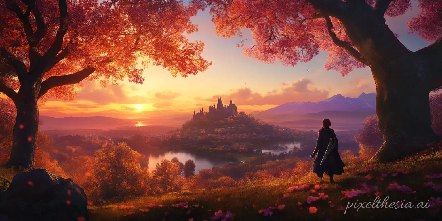 A cloaked figure stands beneath red-leaved trees on a hillside, looking across a lake to a castle on a wooded hill, the sun setting behind distant mountains.
