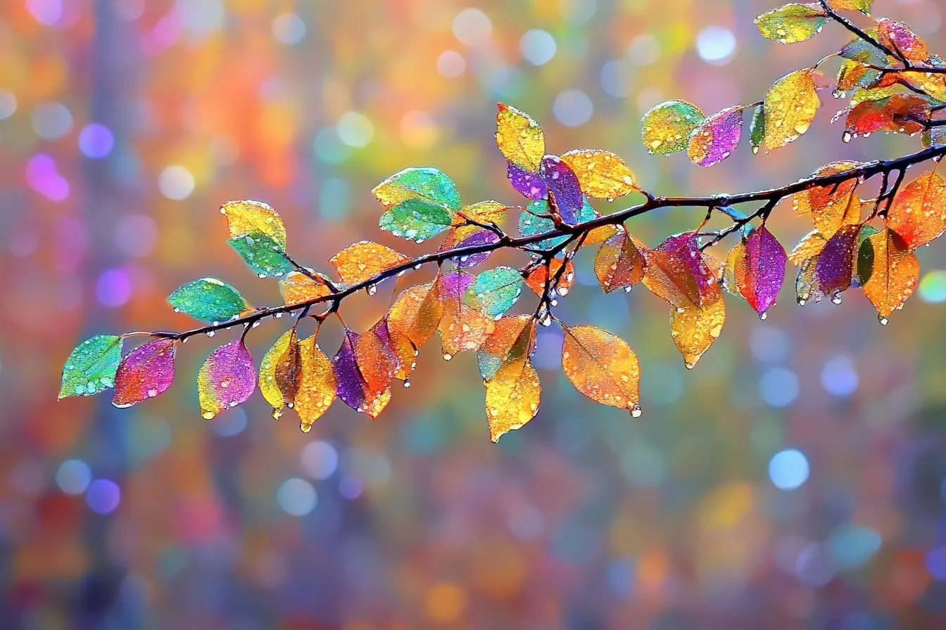 A branch of small leaves in gold, green, magenta and violet, beaded with water droplets, against a background of soft multicoloured bokeh.