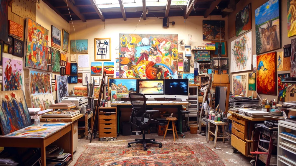 A crowded artist’s studio: canvases stacked and hung floor to ceiling in vivid colour, a desk with three monitors, a worn patterned rug, skylight above.